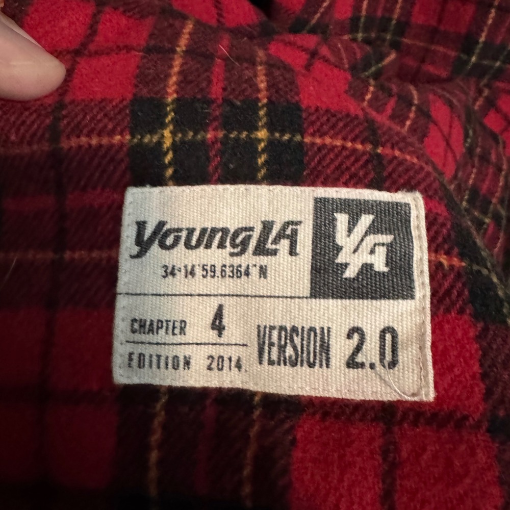 YoungLA Hooded Flannel Shirt Jacket Mens XL Red Black Plaid Shacket Hoodie - Picture 3 of 8